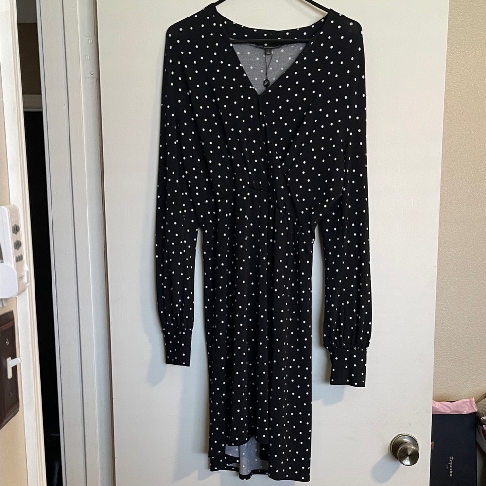 Adrianna Papell Black and White Polka Dot Long Sleeve Dress